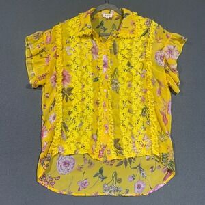 POL Womens Sheer Lace Yellow Floral Trim High Low Button Up Blouse Size Small